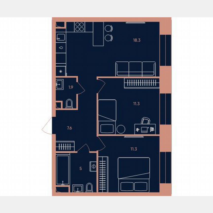 2-к. квартира, 55,4 м², 12/32 эт.
