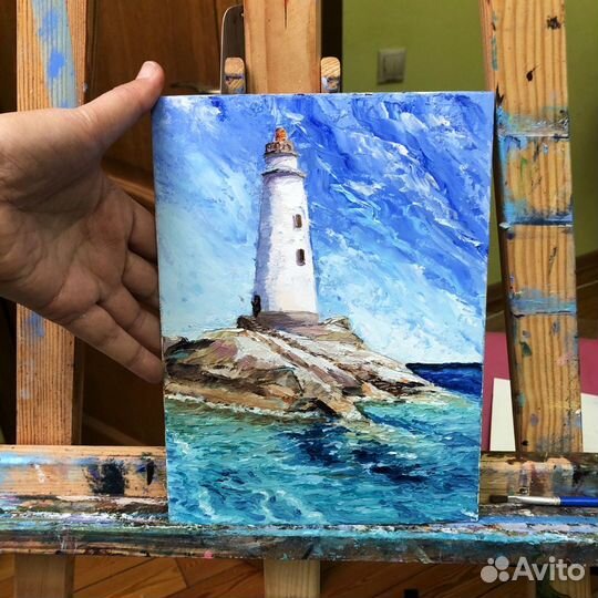 Картина маслом Маяк Море 24х18см