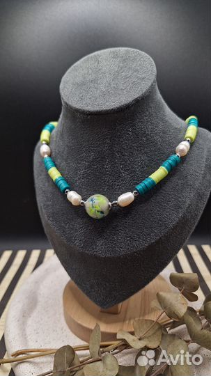 Чокер из каучука, жемчуга и муранского стекла