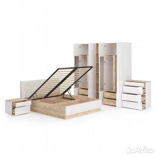 Мебель в спальню Муссон № 5 цвет белый/дуб эндгрейн элегантный/искусственная кожа белая, кровать с п