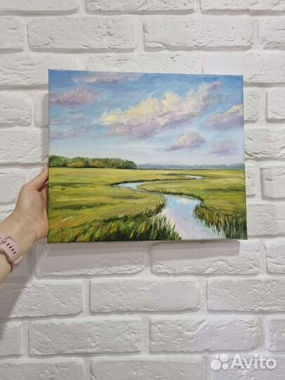 Картина маслом летний пейзаж лето река на холсте