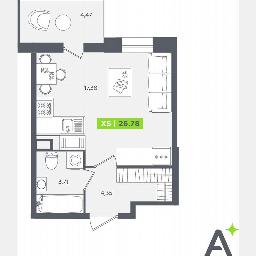 Квартира-студия, 26,8 м², 12/12 эт.