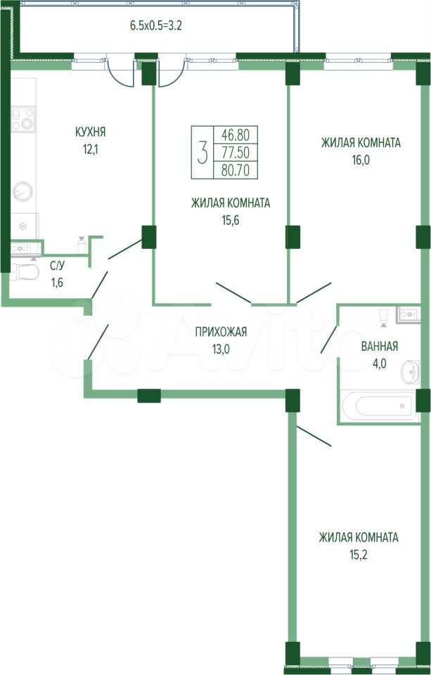 3-к. квартира, 82,1 м², 4/7 эт.