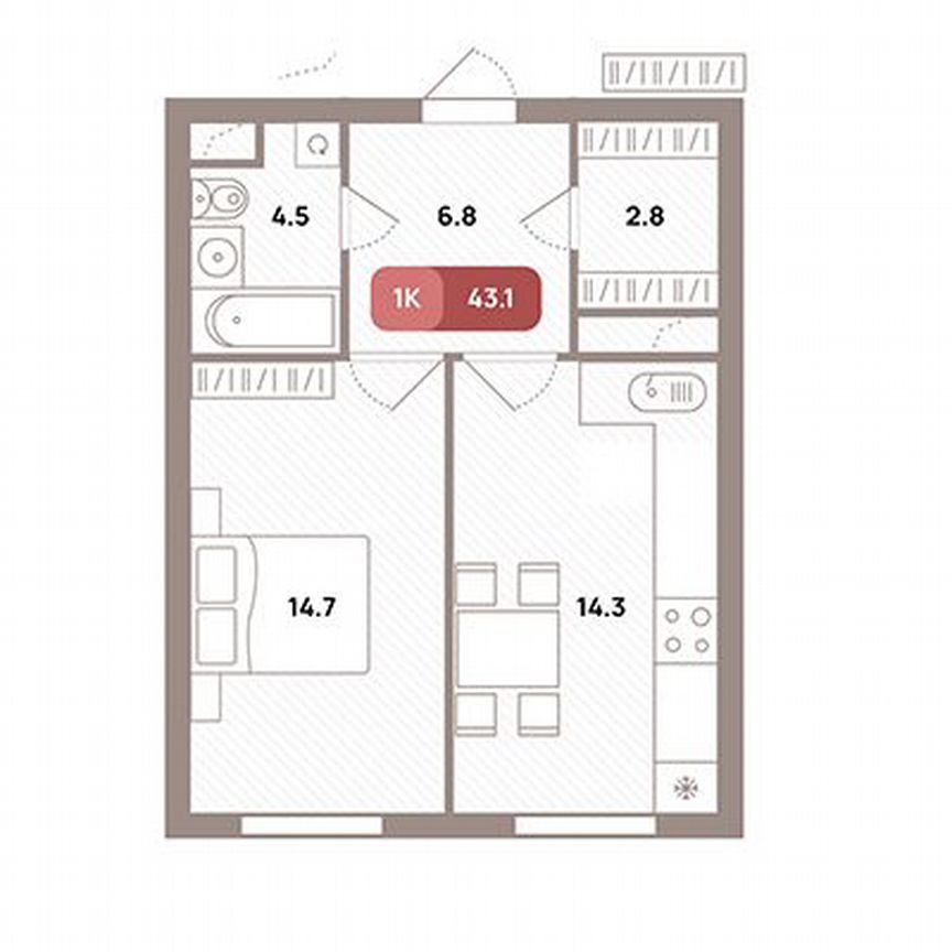 1-к. квартира, 43,1 м², 25/32 эт.