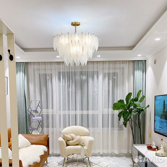 Стеклянная подвесная люстра с перьями, 3 уровня