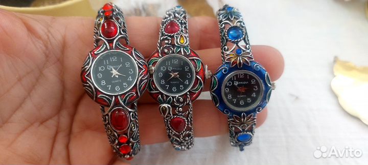 Часы браслет с эмалью глубокое серебрение бохо