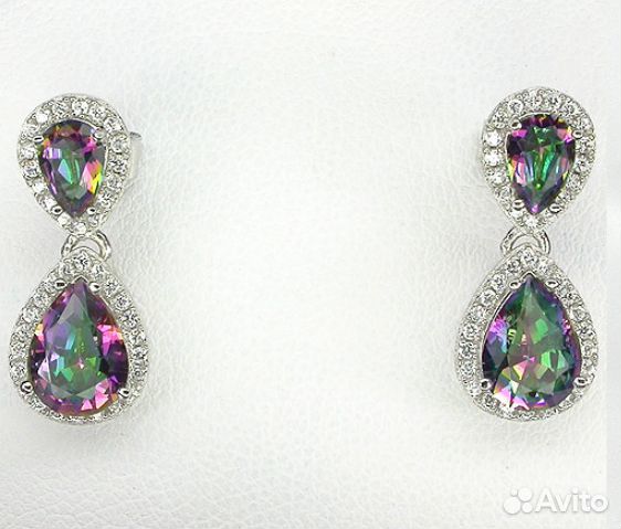 Серьги с каплевидными радужными кварцами