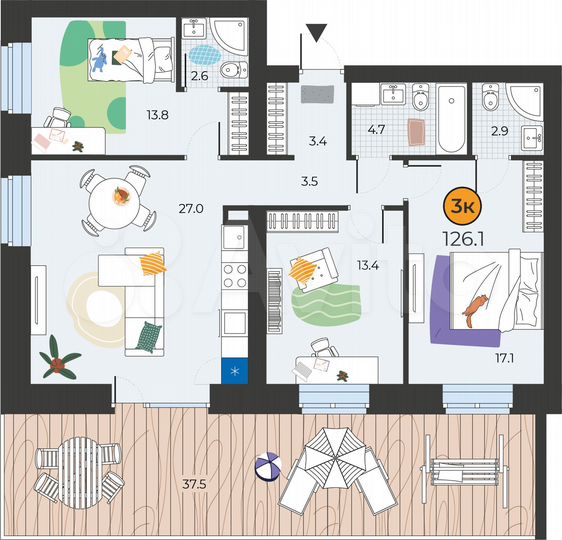 3-к. квартира, 126,1 м², 2/10 эт.