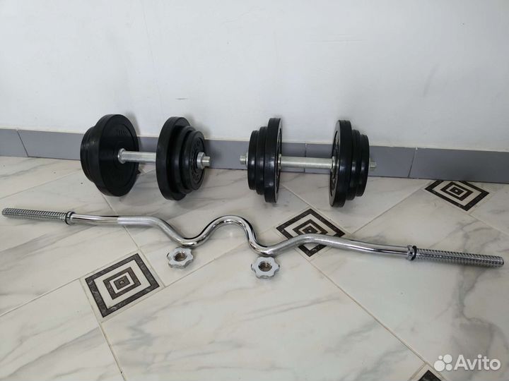 Гантели + гриф W Набор 44 кг обрезиненные диски