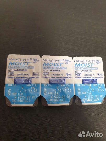 Линзы астигматизм acuvue moist, -4.75, -2.25, 160