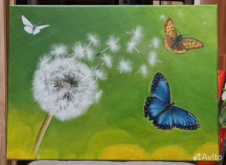 Картина маслом Одуванчик и бабочки