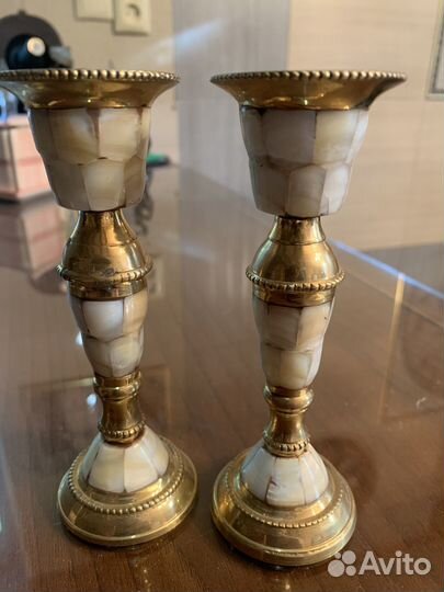 Подсвечник латунь и перламутр, ручная работа