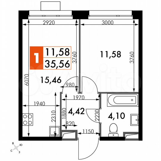 1-к. апартаменты, 35,6 м², 9/15 эт.