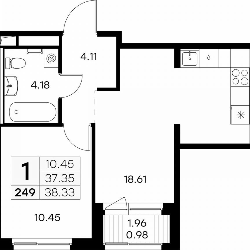 1-к. квартира, 38,3 м², 1/9 эт.