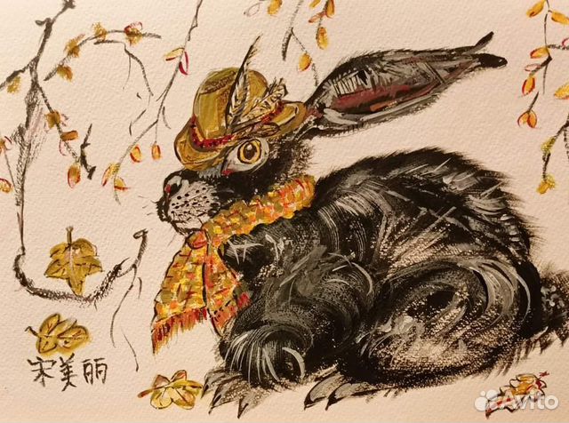 Кролик символ 2023 года, картина акварель