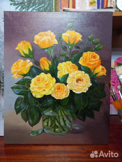 Картина маслом,Желтые розы