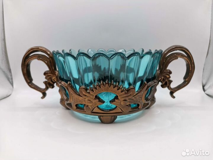 Конфетница Ваза Синее стекло Аллюминий СССР