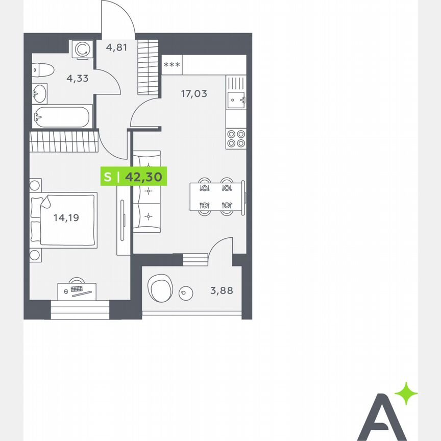 1-к. квартира, 42,3 м², 9/12 эт.
