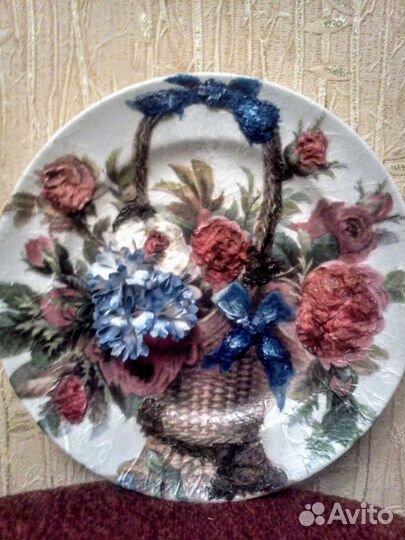 Тарелка настенная, панно, ручная работа, декупаж