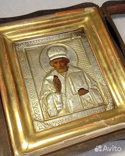 Икона старинная Николай Чудотворец в Серебре 84 пр