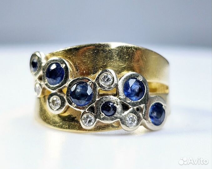 Золотое кольцо с бриллиантами и сапфирами 585