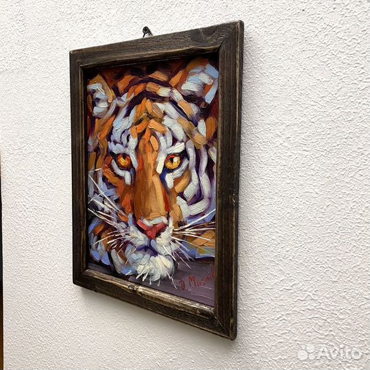 Тигр картина маслом в раме 23х28 см