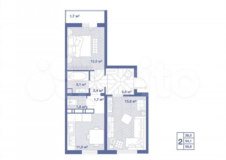 2-к. квартира, 55,8 м², 6/17 эт.