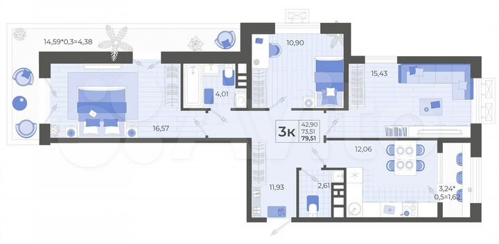 3-к. квартира, 79,5 м², 2/14 эт.