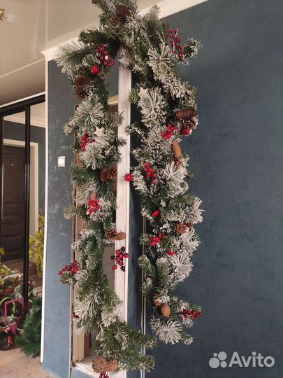 Новогодняя гирлянда, композиция с снеговиком