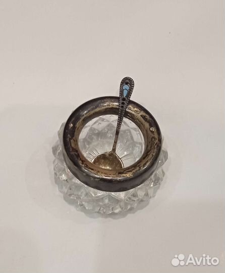 Старинная хрустальная солонка с ложечкой