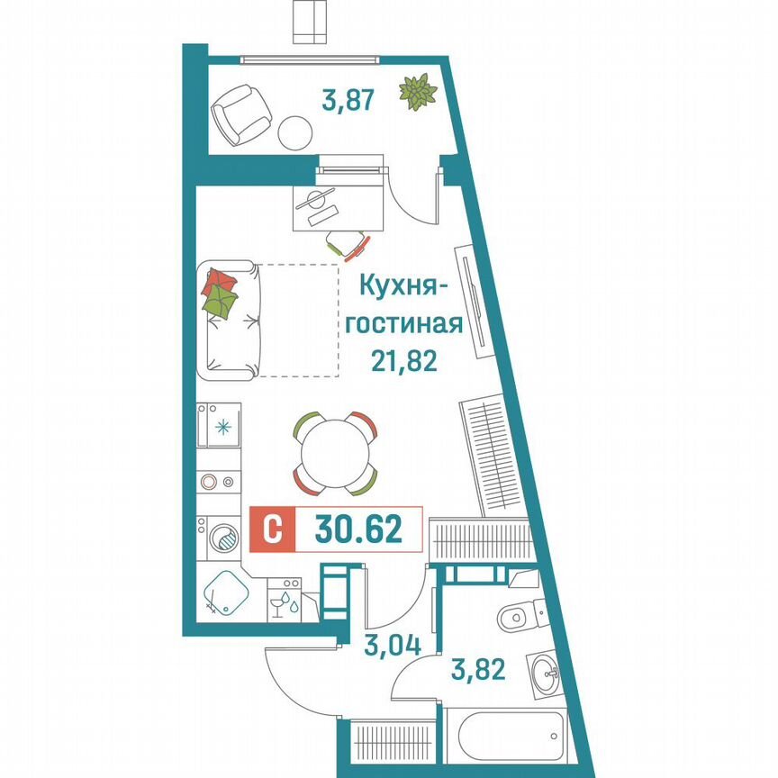 Квартира-студия, 30,6 м², 6/18 эт.