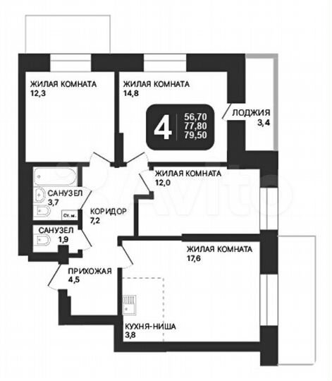 4-к. квартира, 79,5 м², 2/24 эт.