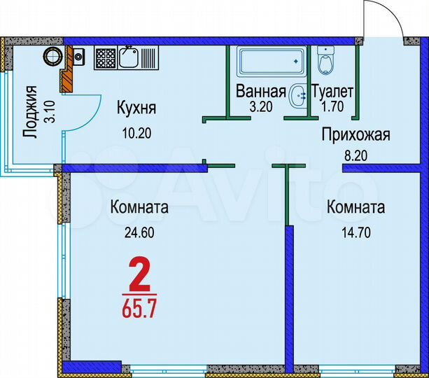 2-к. квартира, 65,7 м², 2/22 эт.