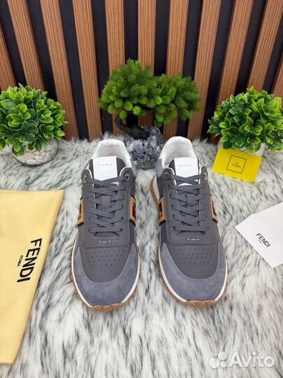 Кроссовки мужские Fendi кожа замша серые