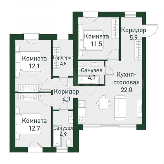 2-к. квартира, 82,2 м², 3/3 эт.