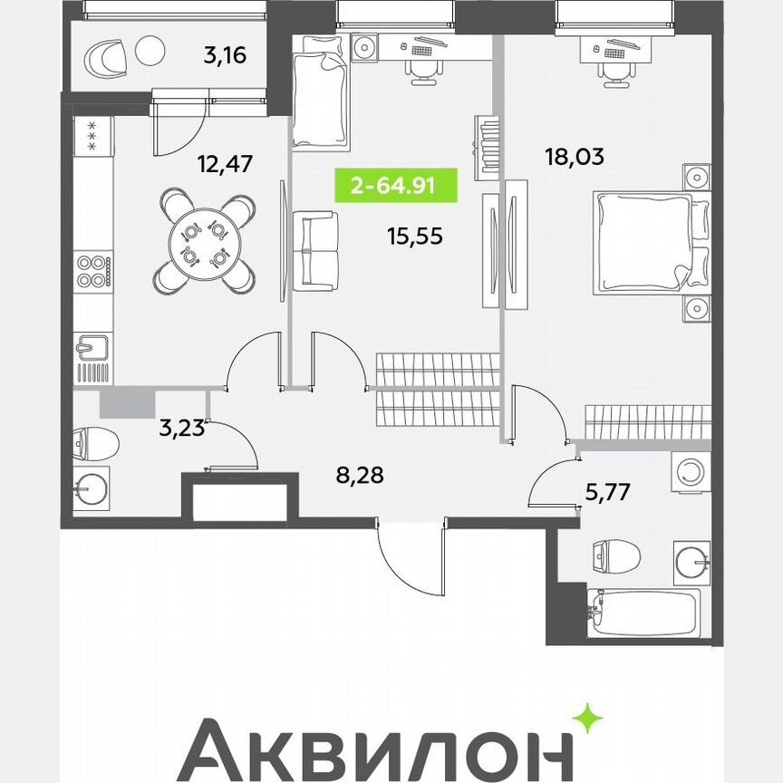 2-к. квартира, 64,9 м², 12/12 эт.