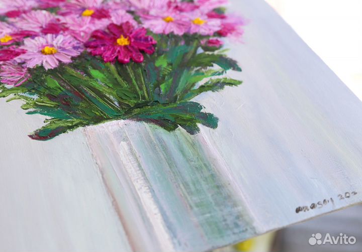 Картина маслом букет с фиолетовыми цветами астры