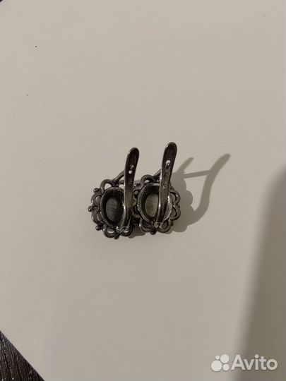 Набор серьги+кольцо с камнем кошачий глаз