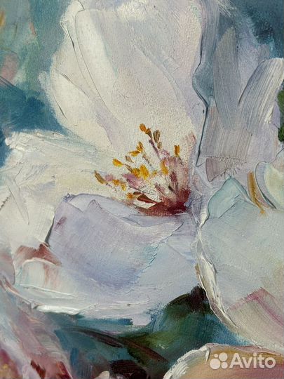 Картина маслом белые цветы яблони