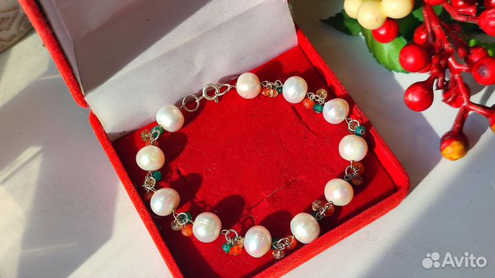 Браслет жемчуг/цитрин/сердолик/авантюрин s925