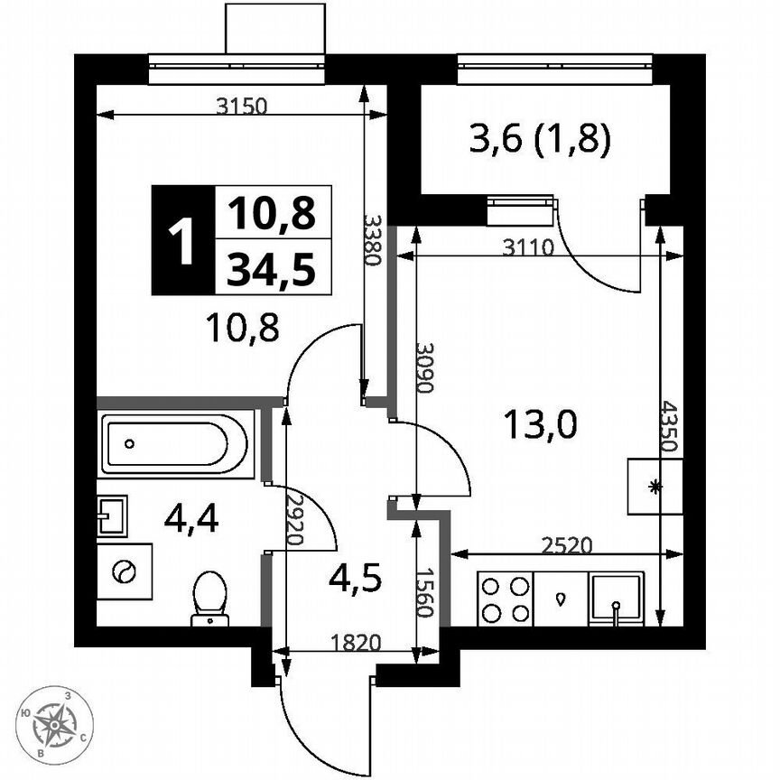 1-к. квартира, 34,5 м², 12/18 эт.