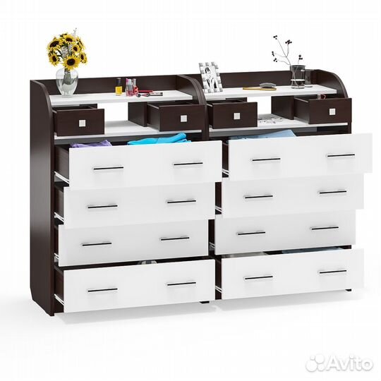 Два комода Мебельный Двор К6 на 6 ящиков каждый венге/белый шагрень, 160х43х110 см