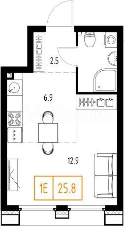 Квартира-студия, 25,8 м², 6/9 эт.