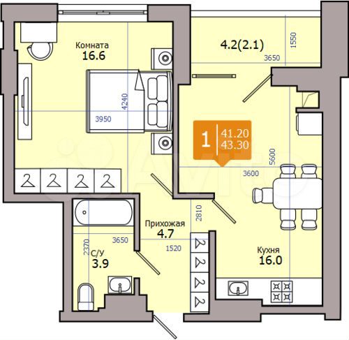 2-к. квартира, 43,3 м², 8/18 эт.