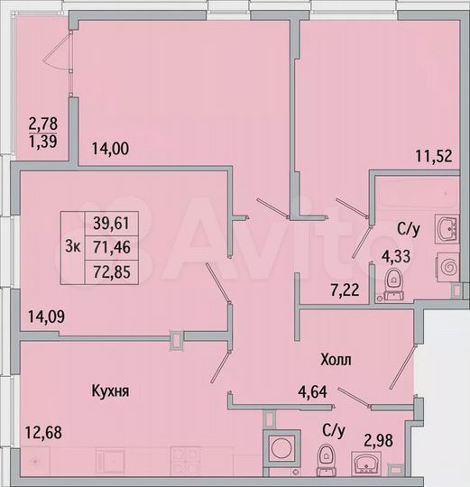 3-к. квартира, 72,9 м², 1/10 эт.