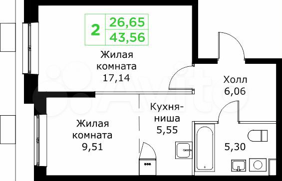 2-к. квартира, 43,6 м², 4/25 эт.