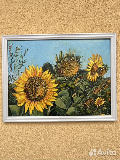 Картина маслом на холсте подсолнухи для интерьера