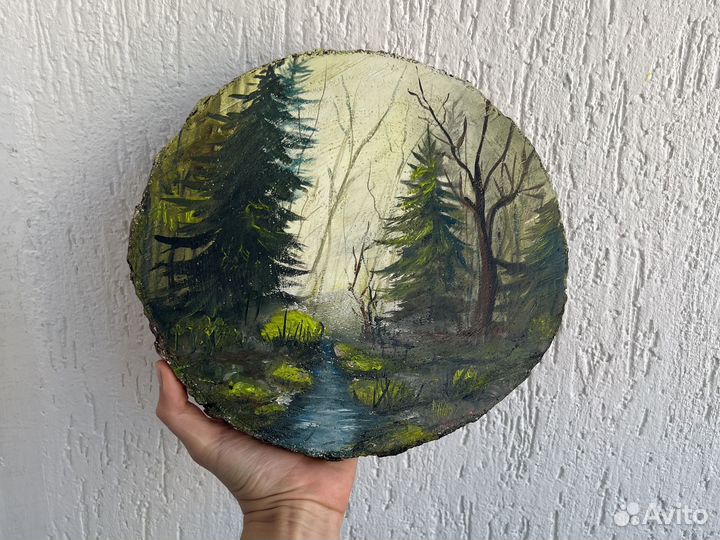 Картина маслом на спиле дерева « лесной ручей»