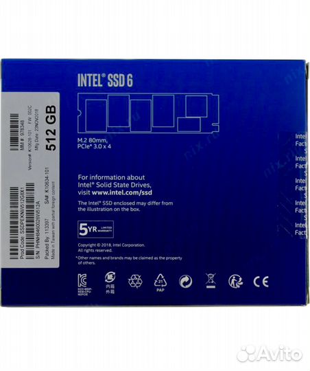 Intel 512GB, M.2 2280,NVMe, PCI-E 3.0 x4