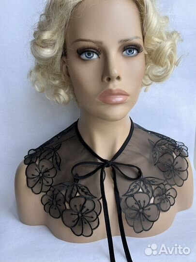 Съемный воротничок черный органза вышивка